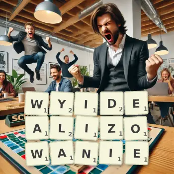 Kreatywna ilustracja do gry w Scrabble ze słowem WYIDEALIZOWANIE ułożonym z płytek na planszy.