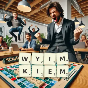 Kreatywna ilustracja do gry w Scrabble ze słowem WYIMKIEM ułożonym z płytek na planszy.