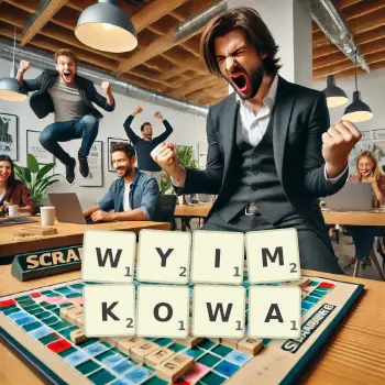 Kreatywna ilustracja do gry w Scrabble ze słowem WYIMKOWA ułożonym z płytek na planszy.