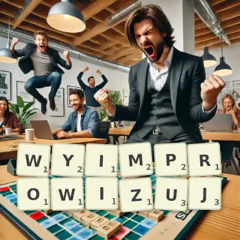 Kreatywna ilustracja do gry w Scrabble ze słowem WYIMPROWIZUJ ułożonym z płytek na planszy.