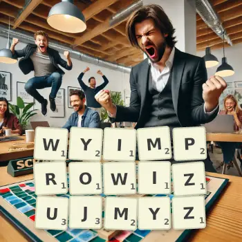 Kreatywna ilustracja do gry w Scrabble ze słowem WYIMPROWIZUJMYZ ułożonym z płytek na planszy.