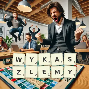Kreatywna ilustracja do gry w Scrabble ze słowem WYKASZLEMY ułożonym z płytek na planszy.