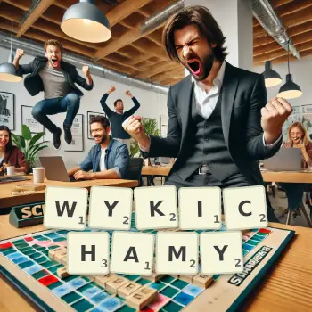 Kreatywna ilustracja do gry w Scrabble ze słowem WYKICHAMY ułożonym z płytek na planszy.