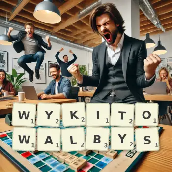 Kreatywna ilustracja do gry w Scrabble ze słowem WYKITOWALBYS ułożonym z płytek na planszy.