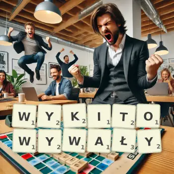 Kreatywna ilustracja do gry w Scrabble ze słowem WYKITOWYWAŁY ułożonym z płytek na planszy.