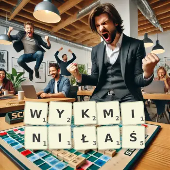 Kreatywna ilustracja do gry w Scrabble ze słowem WYKMINIŁAŚ ułożonym z płytek na planszy.