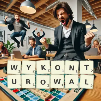 Kreatywna ilustracja do gry w Scrabble ze słowem WYKONTUROWAL ułożonym z płytek na planszy.