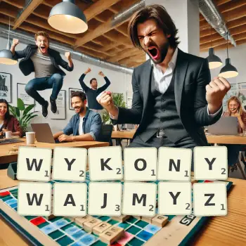 Kreatywna ilustracja do gry w Scrabble ze słowem WYKONYWAJMYZ ułożonym z płytek na planszy.
