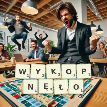 Kreatywna ilustracja do gry w Scrabble ze słowem WYKOPNĘŁO ułożonym z płytek na planszy.