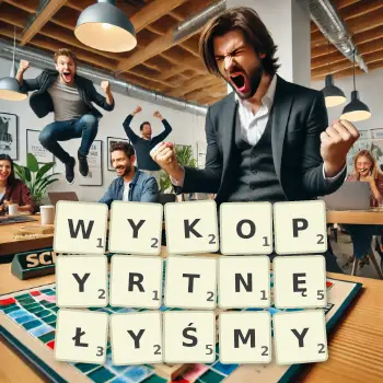 Kreatywna ilustracja do gry w Scrabble ze słowem WYKOPYRTNĘŁYŚMY ułożonym z płytek na planszy.