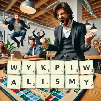 Kreatywna ilustracja do gry w Scrabble ze słowem WYKPIWALIŚMY ułożonym z płytek na planszy.