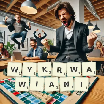 Kreatywna ilustracja do gry w Scrabble ze słowem WYKRWAWIANI ułożonym z płytek na planszy.
