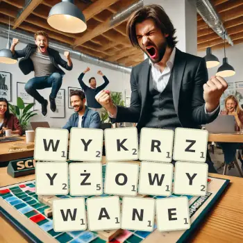 Kreatywna ilustracja do gry w Scrabble ze słowem WYKRZYŻOWYWANE ułożonym z płytek na planszy.