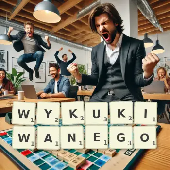 Kreatywna ilustracja do gry w Scrabble ze słowem WYKUKIWANEGO ułożonym z płytek na planszy.