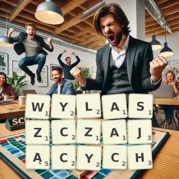 Kreatywna ilustracja do gry w Scrabble ze słowem WYLASZCZAJĄCYCH ułożonym z płytek na planszy.