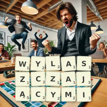 Kreatywna ilustracja do gry w Scrabble ze słowem WYLASZCZAJĄCYMI ułożonym z płytek na planszy.
