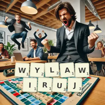 Kreatywna ilustracja do gry w Scrabble ze słowem WYLAWIRUJ ułożonym z płytek na planszy.