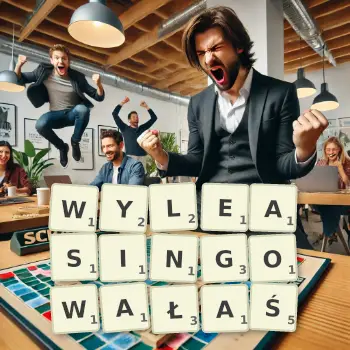 Kreatywna ilustracja do gry w Scrabble ze słowem WYLEASINGOWAŁAŚ ułożonym z płytek na planszy.