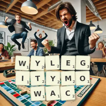 Kreatywna ilustracja do gry w Scrabble ze słowem WYLEGITYMOWAC ułożonym z płytek na planszy.