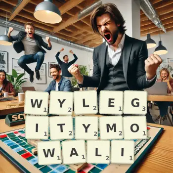 Kreatywna ilustracja do gry w Scrabble ze słowem WYLEGITYMOWALI ułożonym z płytek na planszy.