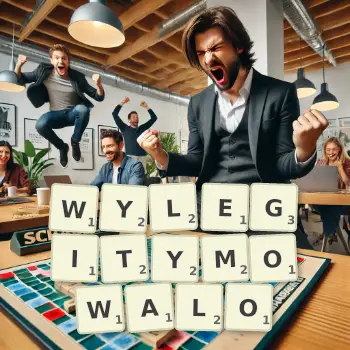 Kreatywna ilustracja do gry w Scrabble ze słowem WYLEGITYMOWALO ułożonym z płytek na planszy.