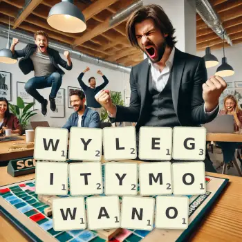 Kreatywna ilustracja do gry w Scrabble ze słowem WYLEGITYMOWANO ułożonym z płytek na planszy.