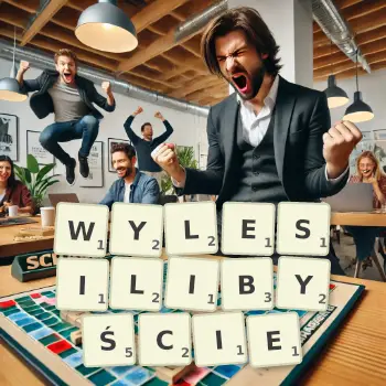 Kreatywna ilustracja do gry w Scrabble ze słowem WYLESILIBYŚCIE ułożonym z płytek na planszy.