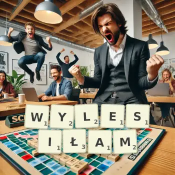 Kreatywna ilustracja do gry w Scrabble ze słowem WYLESIŁAM ułożonym z płytek na planszy.