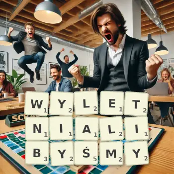 Kreatywna ilustracja do gry w Scrabble ze słowem WYLETNIALIBYŚMY ułożonym z płytek na planszy.