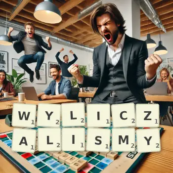 Kreatywna ilustracja do gry w Scrabble ze słowem WYLICZALISMY ułożonym z płytek na planszy.
