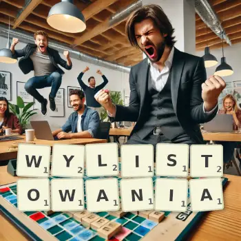 Kreatywna ilustracja do gry w Scrabble ze słowem WYLISTOWANIA ułożonym z płytek na planszy.