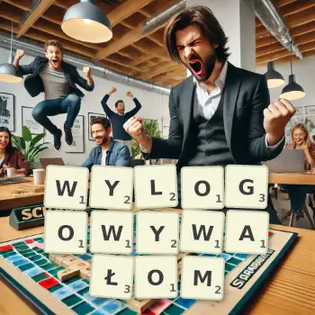 Kreatywna ilustracja do gry w Scrabble ze słowem WYLOGOWYWAŁOM ułożonym z płytek na planszy.