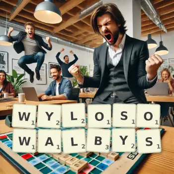 Kreatywna ilustracja do gry w Scrabble ze słowem WYLOSOWALBYS ułożonym z płytek na planszy.