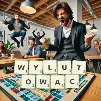 Kreatywna ilustracja do gry w Scrabble ze słowem WYLUTOWAC ułożonym z płytek na planszy.