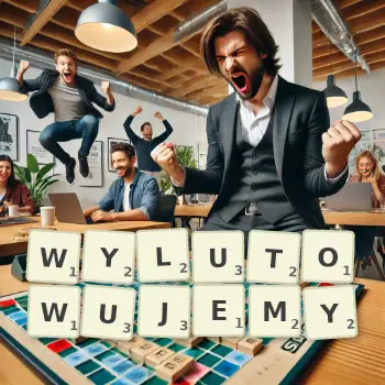 Kreatywna ilustracja do gry w Scrabble ze słowem WYLUTOWUJEMY ułożonym z płytek na planszy.