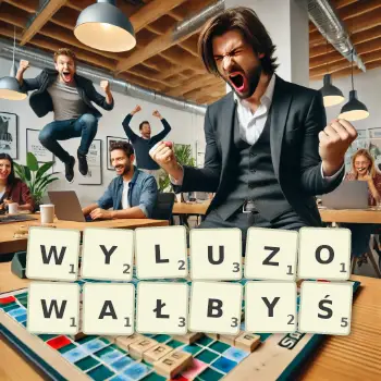 Kreatywna ilustracja do gry w Scrabble ze słowem WYLUZOWAŁBYŚ ułożonym z płytek na planszy.