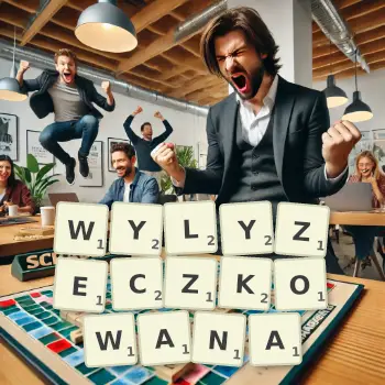 Kreatywna ilustracja do gry w Scrabble ze słowem WYLYZECZKOWANA ułożonym z płytek na planszy.