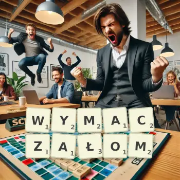 Kreatywna ilustracja do gry w Scrabble ze słowem WYMACZAŁOM ułożonym z płytek na planszy.