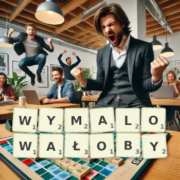 Kreatywna ilustracja do gry w Scrabble ze słowem WYMALOWAŁOBY ułożonym z płytek na planszy.
