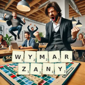 Kreatywna ilustracja do gry w Scrabble ze słowem WYMARZANY ułożonym z płytek na planszy.