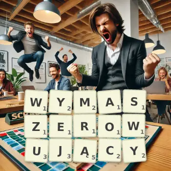 Kreatywna ilustracja do gry w Scrabble ze słowem WYMASZEROWUJĄCY ułożonym z płytek na planszy.