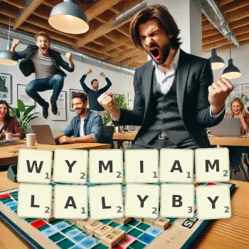 Kreatywna ilustracja do gry w Scrabble ze słowem WYMIAMLALYBY ułożonym z płytek na planszy.