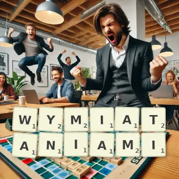 Kreatywna ilustracja do gry w Scrabble ze słowem WYMIATANIAMI ułożonym z płytek na planszy.