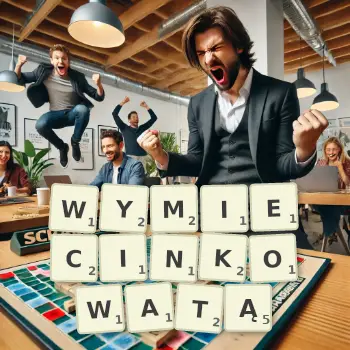 Kreatywna ilustracja do gry w Scrabble ze słowem WYMIECINKOWATĄ ułożonym z płytek na planszy.