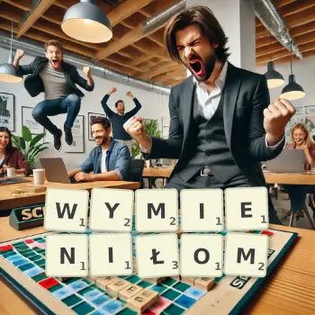 Kreatywna ilustracja do gry w Scrabble ze słowem WYMIENIŁOM ułożonym z płytek na planszy.