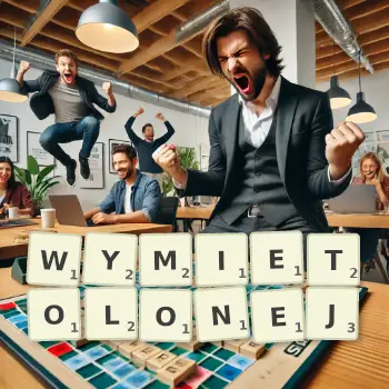 Kreatywna ilustracja do gry w Scrabble ze słowem WYMIETOLONEJ ułożonym z płytek na planszy.