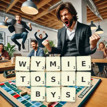 Kreatywna ilustracja do gry w Scrabble ze słowem WYMIETOSILBYS ułożonym z płytek na planszy.