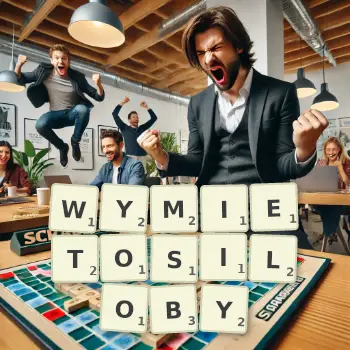 Kreatywna ilustracja do gry w Scrabble ze słowem WYMIETOSILOBY ułożonym z płytek na planszy.