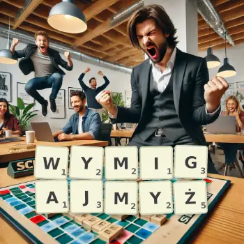 Kreatywna ilustracja do gry w Scrabble ze słowem WYMIGAJMYŻ ułożonym z płytek na planszy.