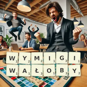 Kreatywna ilustracja do gry w Scrabble ze słowem WYMIGIWAŁOBY ułożonym z płytek na planszy.